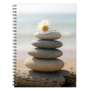 Daisy on a Stone Beach Cairn With Driftwood Notebook