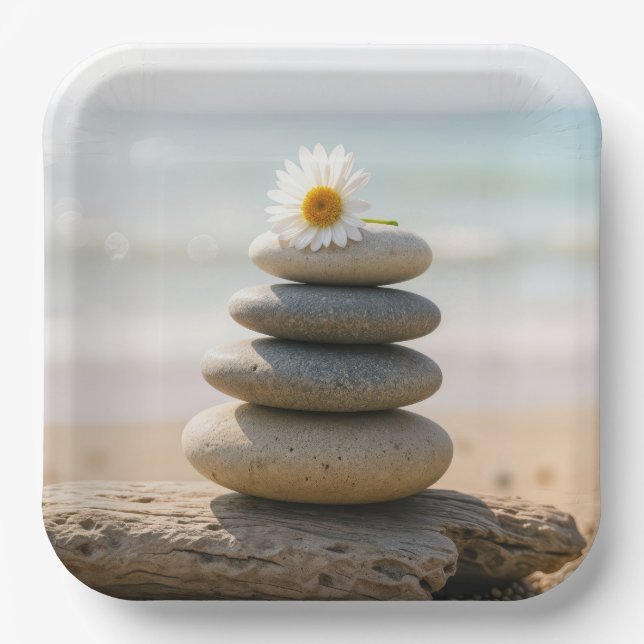 Daisy on a Stone Beach Cairn With Driftwood Paper Plates (Front)