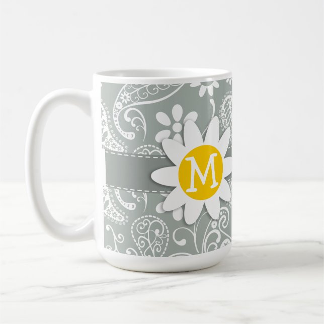 Daisy on Ash Gray; Grey Paisley Coffee Mug (Left)