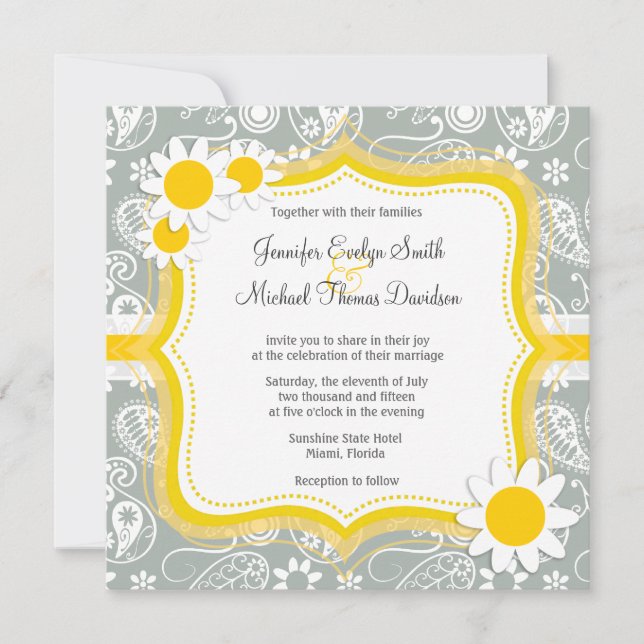 Daisy on Ash Gray; Grey Paisley Invitation (Front)