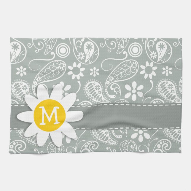 Daisy on Ash Gray; Grey Paisley Towel (Horizontal)