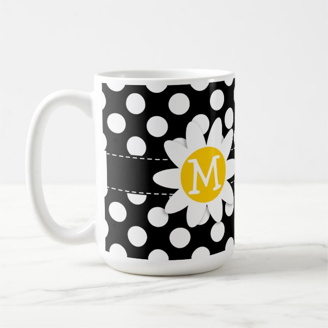 Daisy on Black and White Polka Dots Coffee Mug (Left)