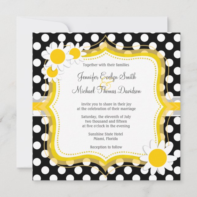 Daisy on Black and White Polka Dots Invitation (Front)