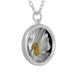 Daisy On Black Background Silver Plated Necklace