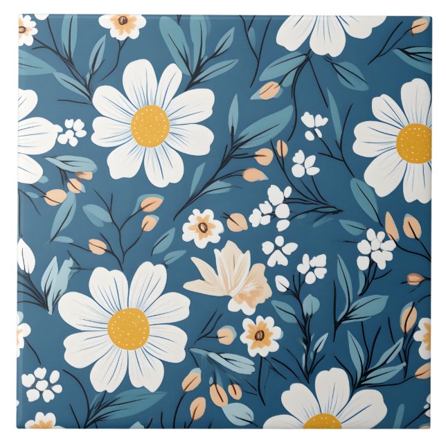 Daisy on Blue Floral Flower Ceramic Tile (Front)