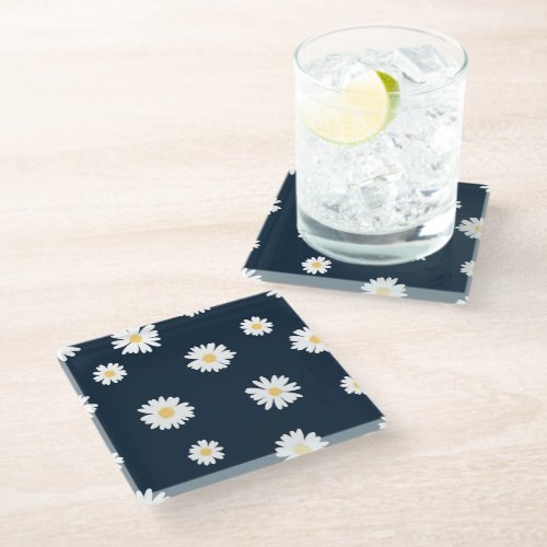 Daisy On Blue Pattern Glass Coaster