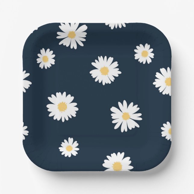 Daisy On Blue Pattern Paper Plates (Front)