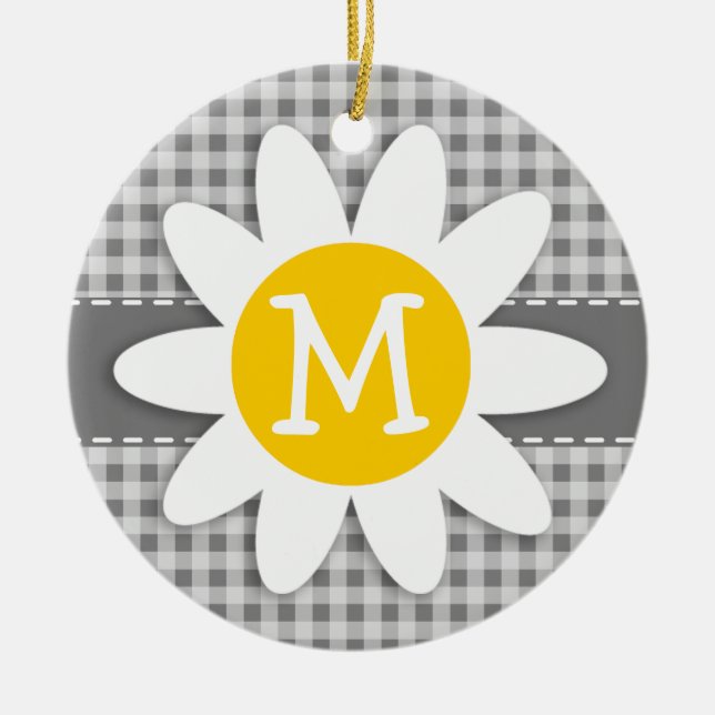 Daisy on Gray Gingham Ceramic Ornament (Front)