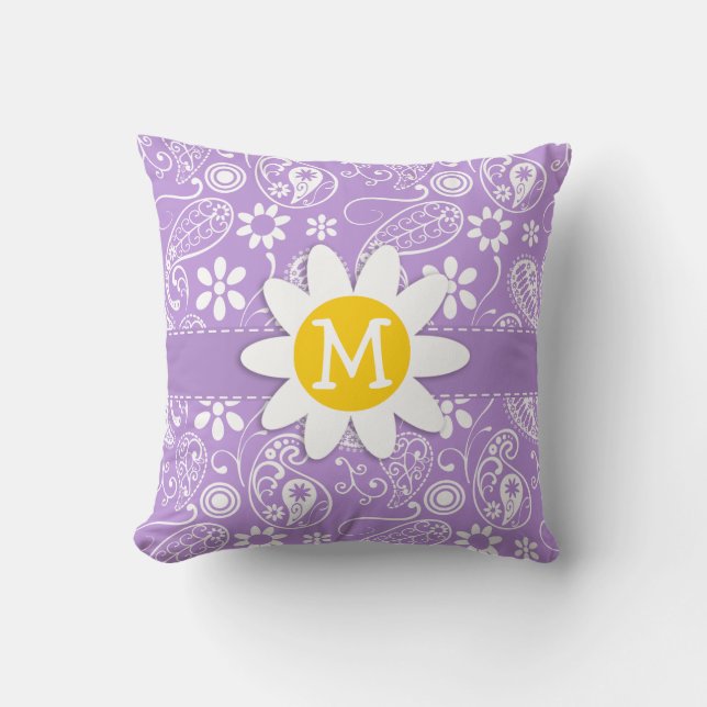 Daisy on Lavender, Light Purple Paisley Pattern Throw Pillow (Front)