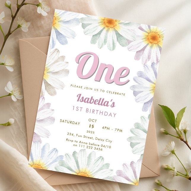 Daisy One 1st 2nd 3rd 4th 5th Flower Birthday  Invitation (Daisy One 1st 2nd 3rd 4th 5th Flower Birthday Invitation)