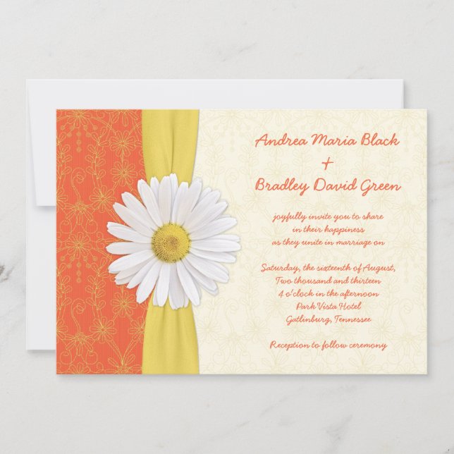 Daisy Orange, Yellow, Ivory Wedding Invitation (Front)