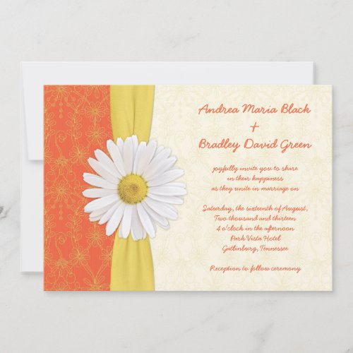 Daisy Orange, Yellow, Ivory Wedding Invitation