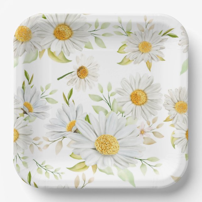 Daisy Paper Plates, White Floral Party Plates (Front)