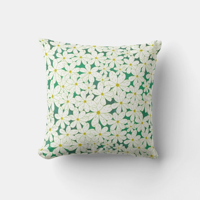 Daisy Patch - White daisies on emerald background Throw Pillow (Front)