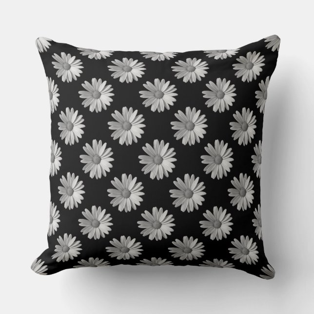 Daisy Pattern - Black and White Throw Pillow (Front)