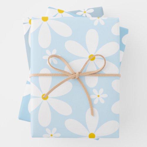 Daisy Pattern Blue Wrapping Paper Sheets