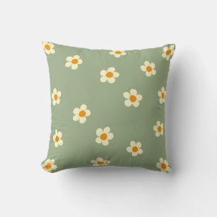 Daisy Pattern Cute Modern Green Throw Pillow