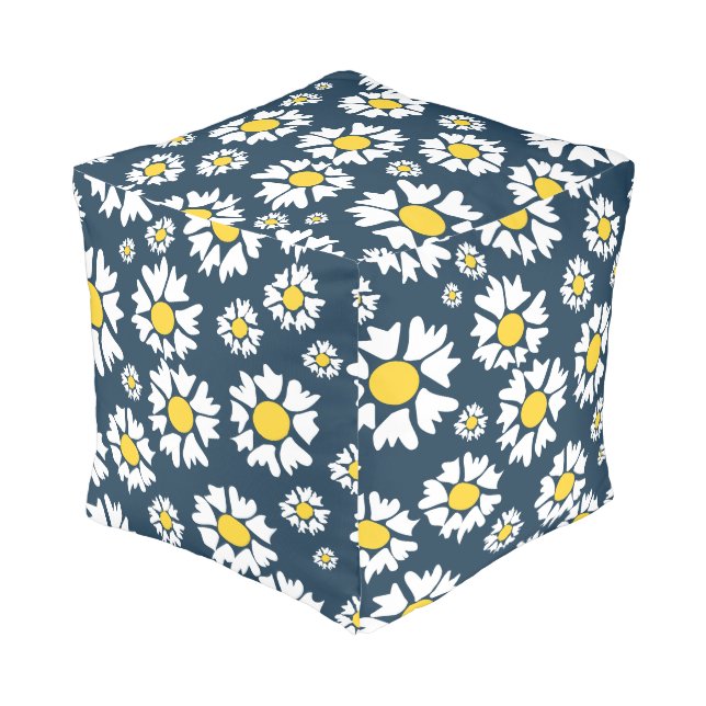 Daisy Pattern, Floral Pattern, White Daisies Pouf (Angled Back)