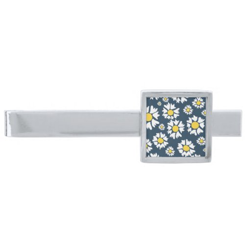 Daisy Pattern Floral Pattern White Daisies Silver Finish Tie Bar