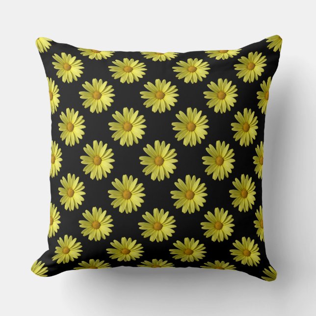 Daisy Pattern - Full Color on Black Throw Pillow (Front)