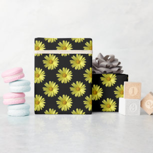Daisy Pattern - Full Color on Black Wrapping Paper