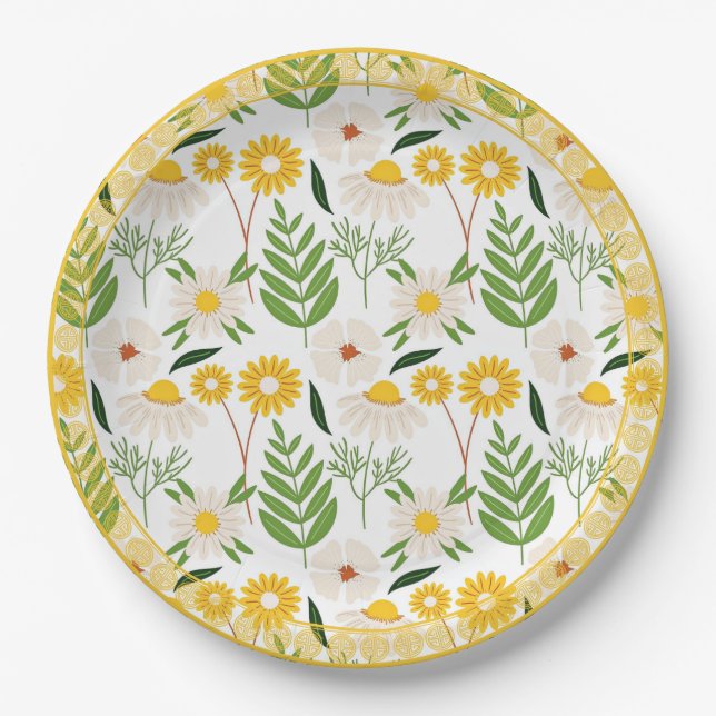 Daisy Pattern, Golden Trim, Paper Plates (Front)