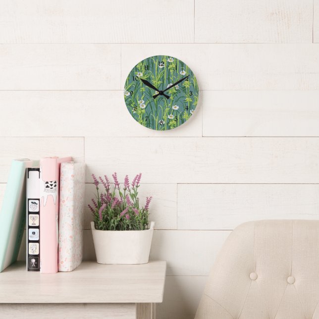 Daisy Pattern, green pattern, Round Clock (Reading Room)