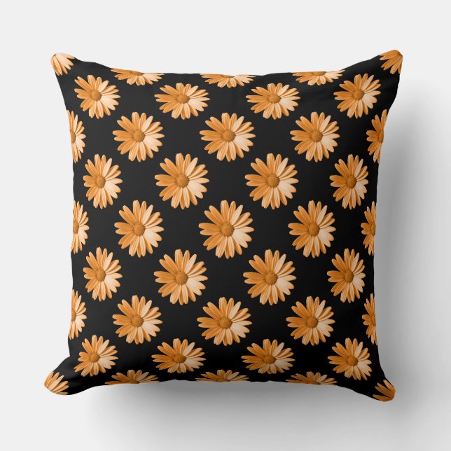 Daisy Pattern - Light Orange on Black Throw Pillow (Front)