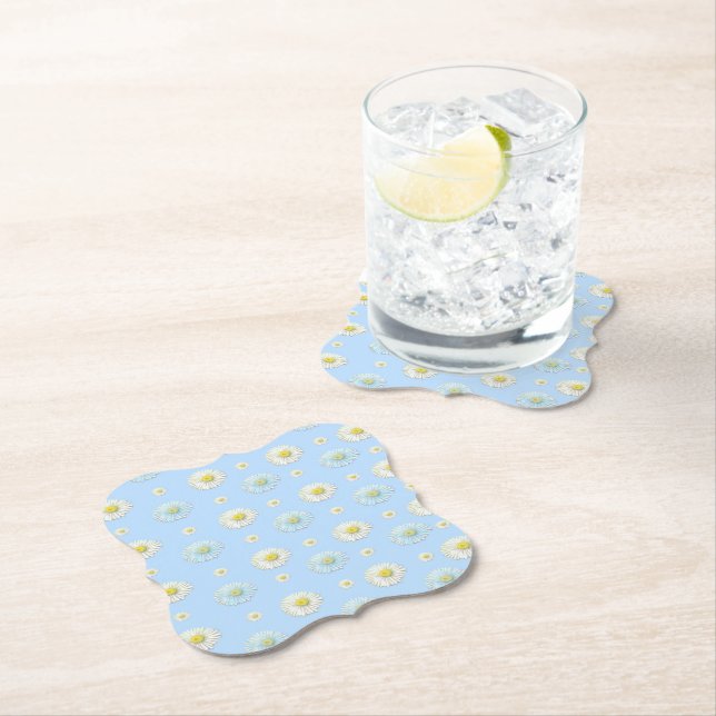 Daisy Pattern on light blue background   Paper Coaster (Insitu)