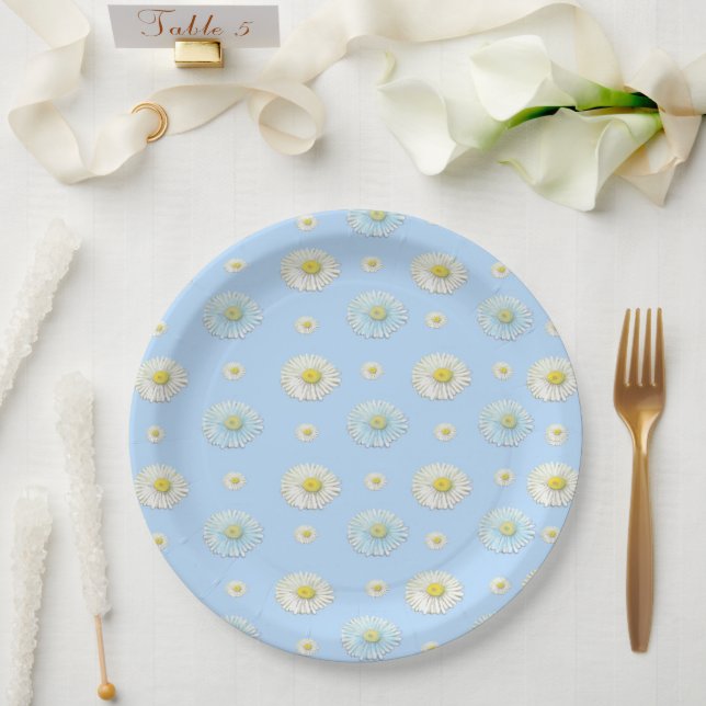 Daisy Pattern on light blue background  Paper Plates (Wedding)