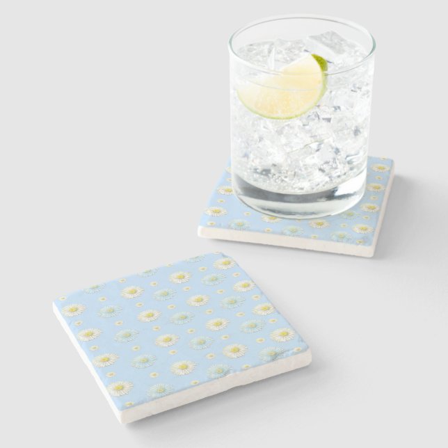 Daisy Pattern on light blue background Stone Coaster (Side)