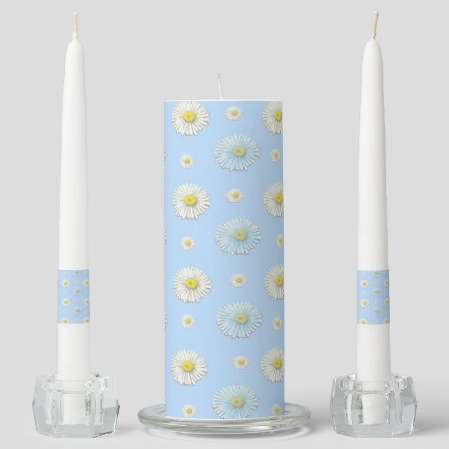 Daisy Pattern on light blue background  Unity Candle Set (Front)