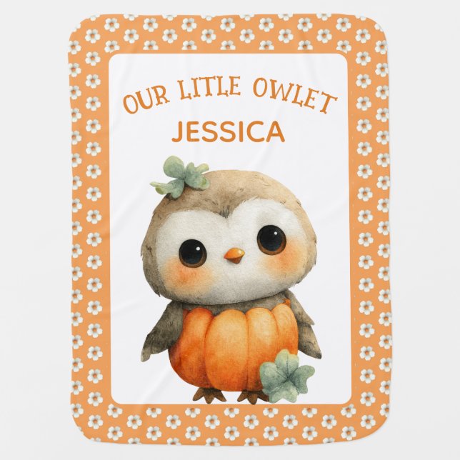 Daisy Pattern on Orange Cute Little Owlet Name Baby Blanket (Front)