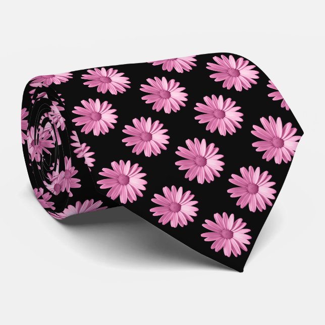 Daisy Pattern - Pink and Black Neck Tie (Rolled)