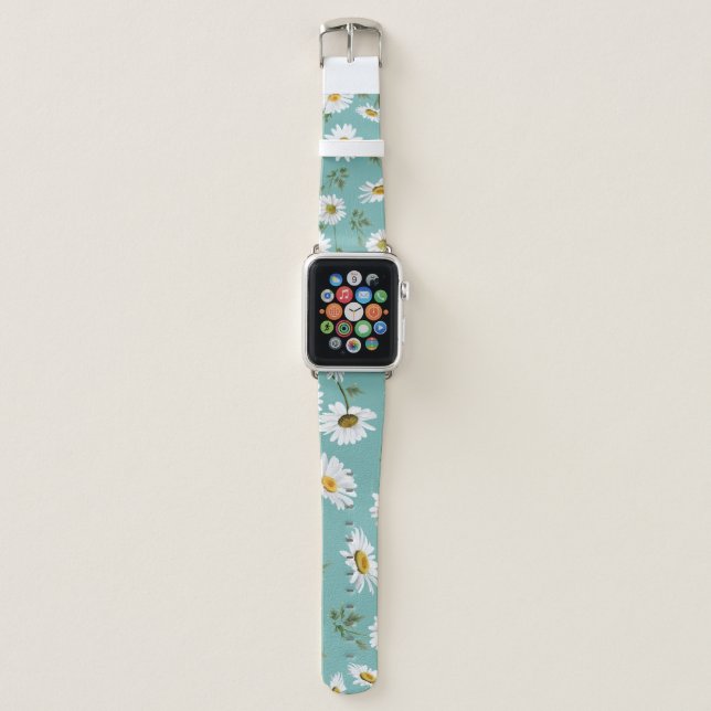 Daisy Pattern, Teal Background Apple Watch Band (Front)