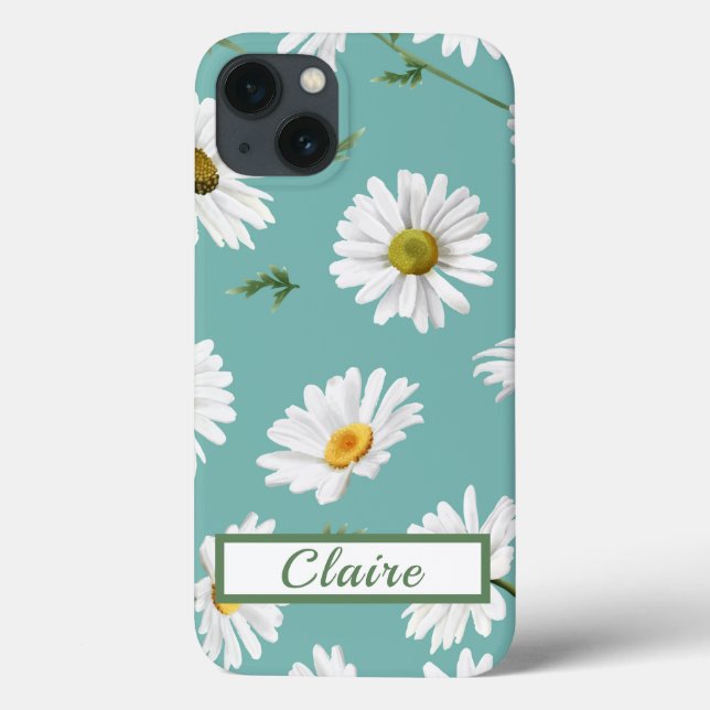 Daisy Pattern, Teal Background, Personalized Case-Mate iPhone Case (Back)