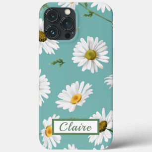 Daisy Pattern, Teal Background, Personalized iPhone 13 Pro Max Case