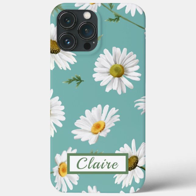 Daisy Pattern, Teal Background, Personalized Case-Mate iPhone Case (Back)