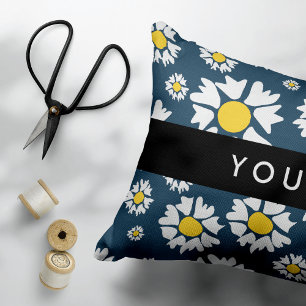 Daisy Pattern, White Daisies, Your Name Accent Pillow