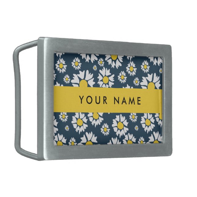 Daisy Pattern, White Daisies, Your Name Belt Buckle (Front Left)