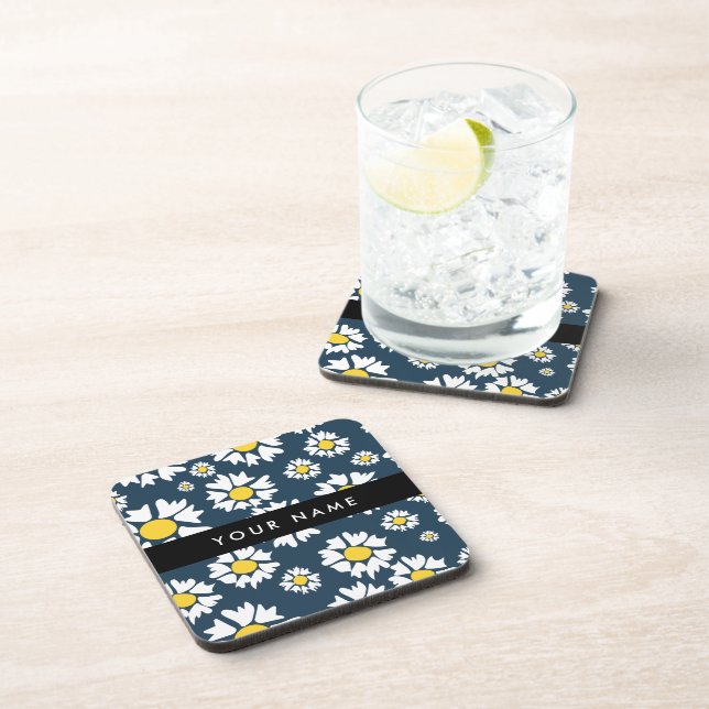 Daisy Pattern, White Daisies, Your Name Beverage Coaster (Right Side)