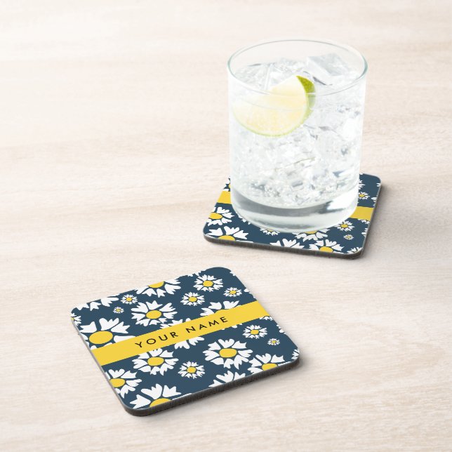 Daisy Pattern, White Daisies, Your Name Beverage Coaster (Right Side)