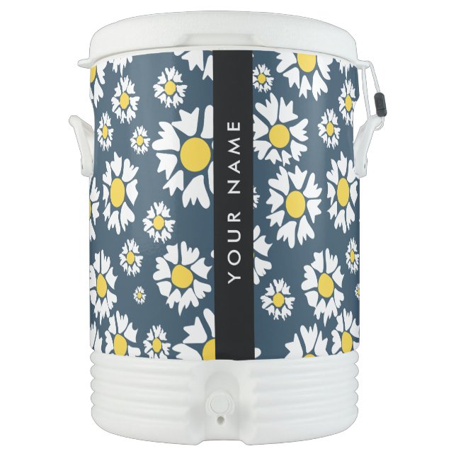 Daisy Pattern, White Daisies, Your Name Beverage Cooler (Front)