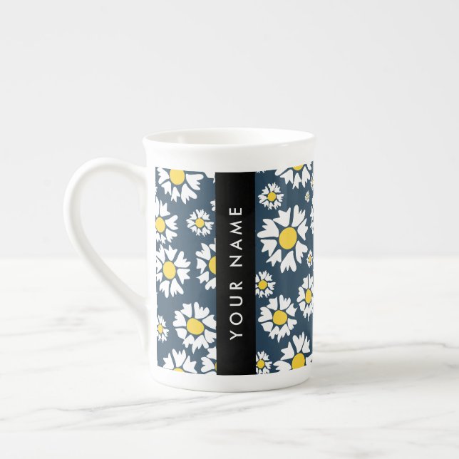 Daisy Pattern, White Daisies, Your Name Bone China Mug (Left)