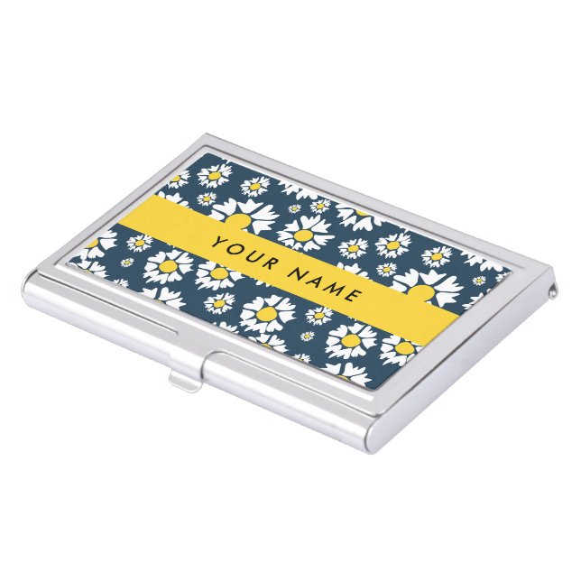 Daisy Pattern, White Daisies, Your Name Business Card Case (Front)