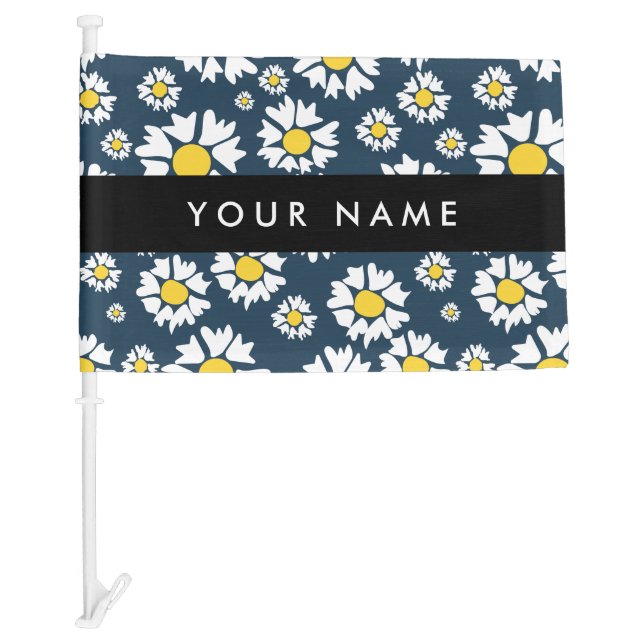 Daisy Pattern, White Daisies, Your Name Car Flag (Front)