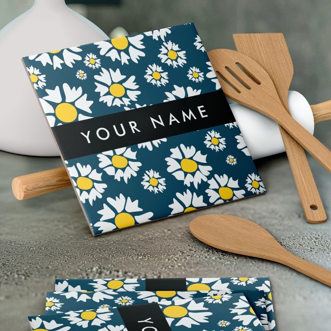 Daisy Pattern, White Daisies, Your Name Ceramic Tile (Creator Uploaded)
