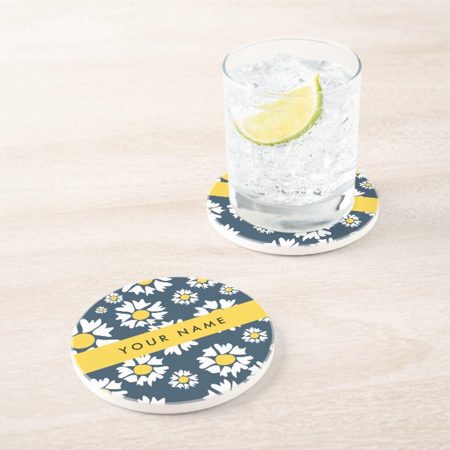Daisy Pattern, White Daisies, Your Name Coaster (Side)