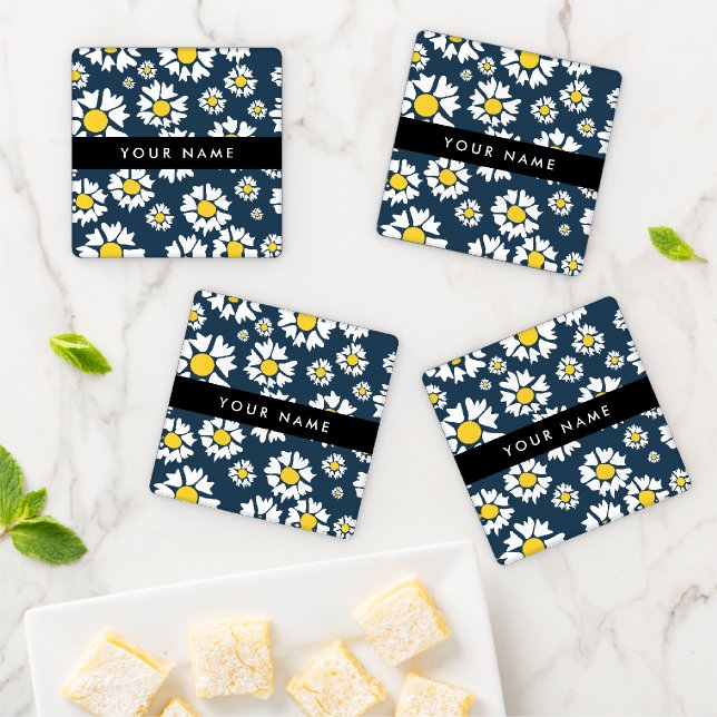 Daisy Pattern, White Daisies, Your Name Coaster Set (In Situ)