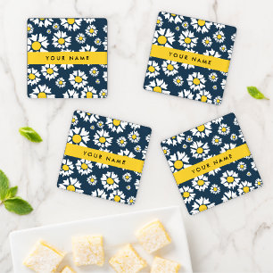 Daisy Pattern, White Daisies, Your Name Coaster Set